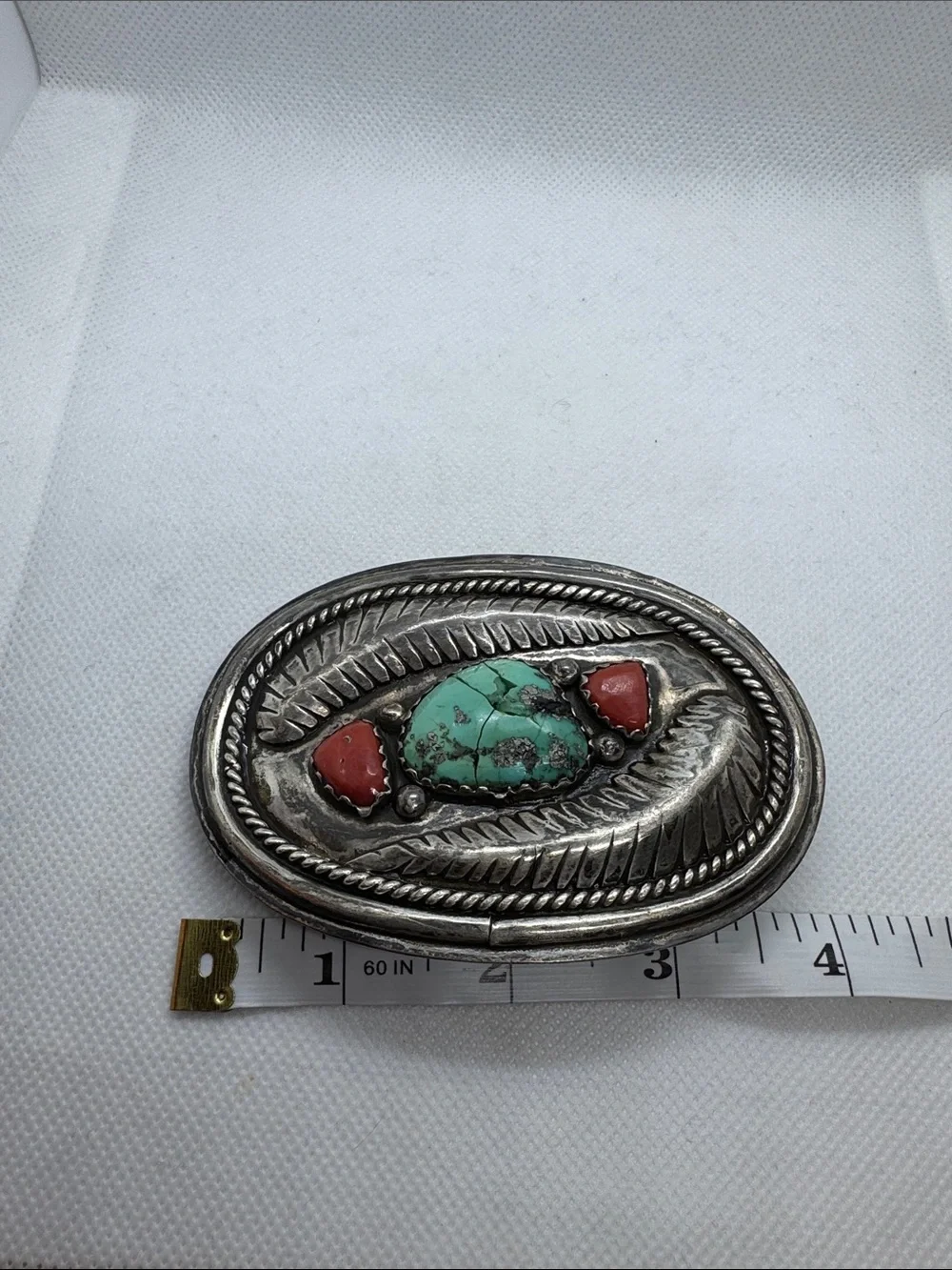 Turquoise and Coral Silver Western Belt Buckle Vintage